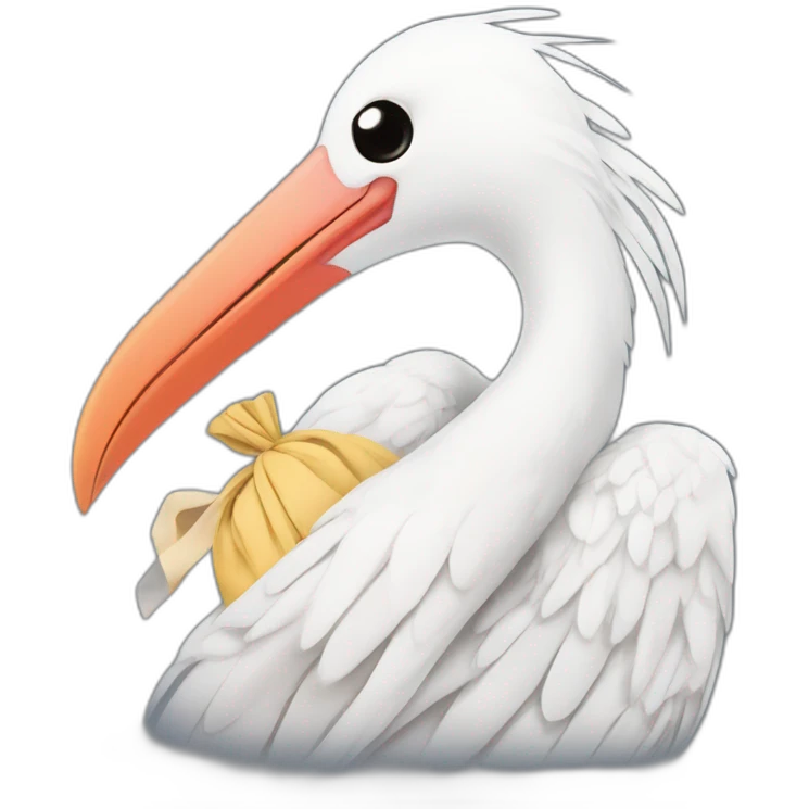  A big white stork carrying a bundle of cloth in its beak that has a cute white skinned baby face peeking out from it with black head emoji