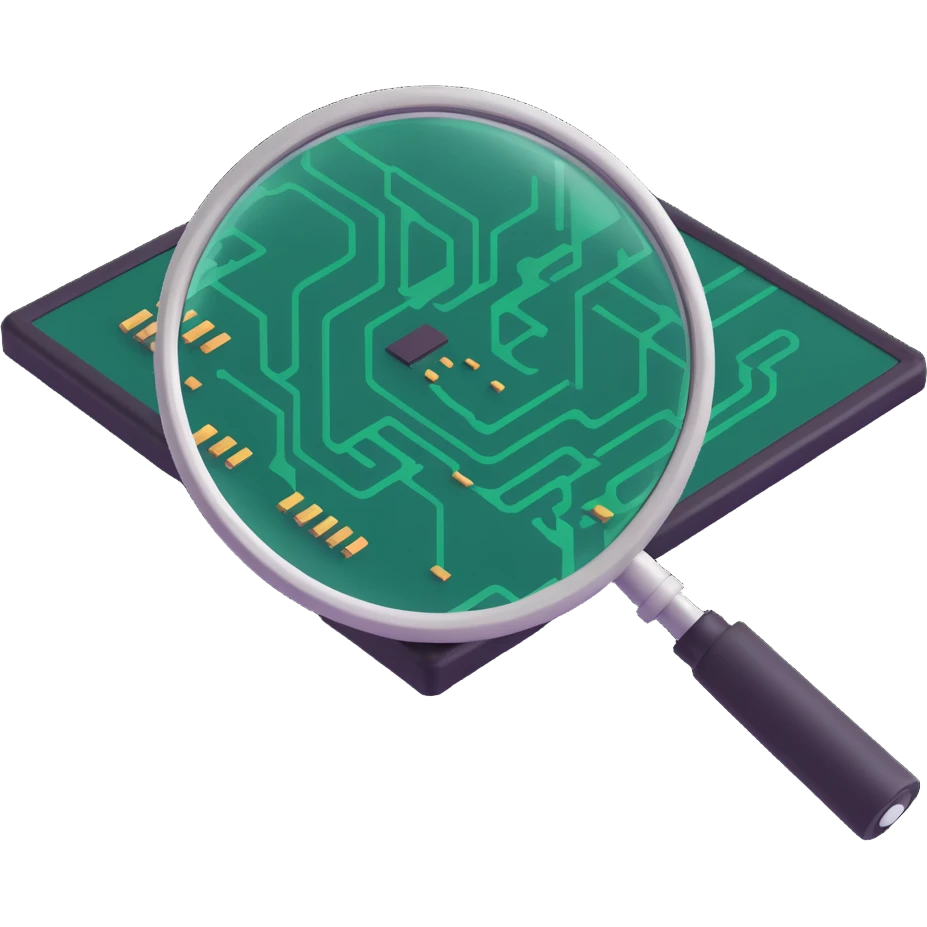 magnifying glass over digital circuit symbolizing curiosity about AI's future emoji