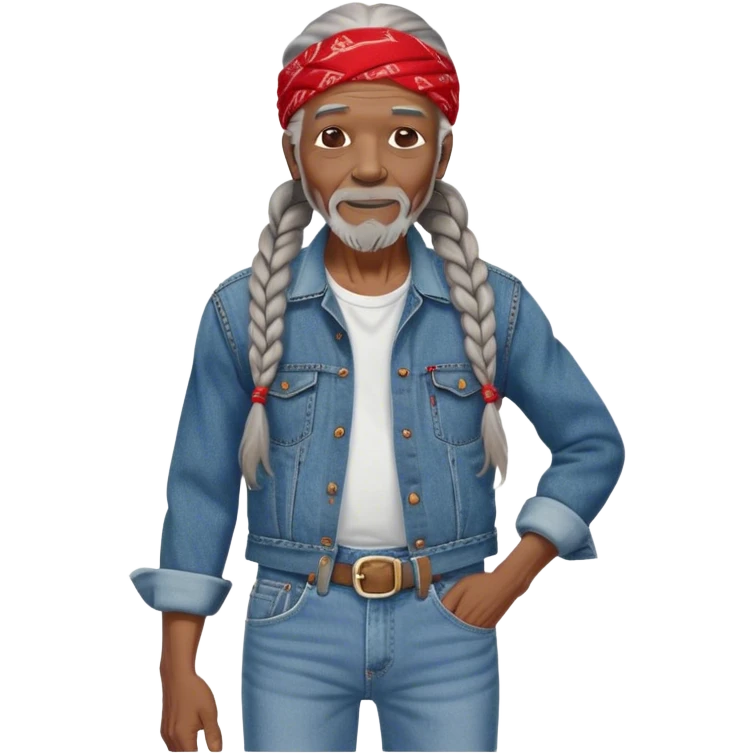 90 year old black man with long braided gray hair, dressed in 501 Levi's dinum jeans with red bandana hanging out his back pocket  emoji