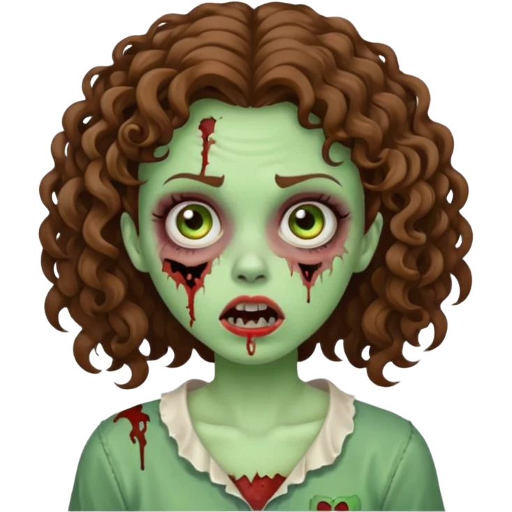Zombie girl with curly brown hair como emoji de iphone y con la boca un poco lastimada  emoji