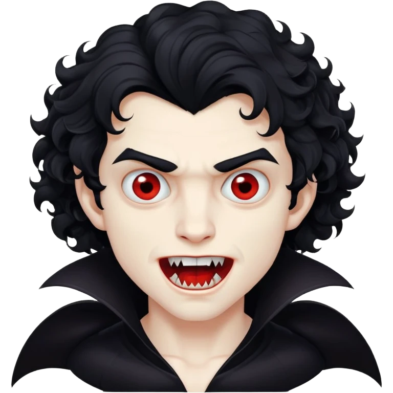 vampire boy with medium-length curly black hair showing fangs emoji