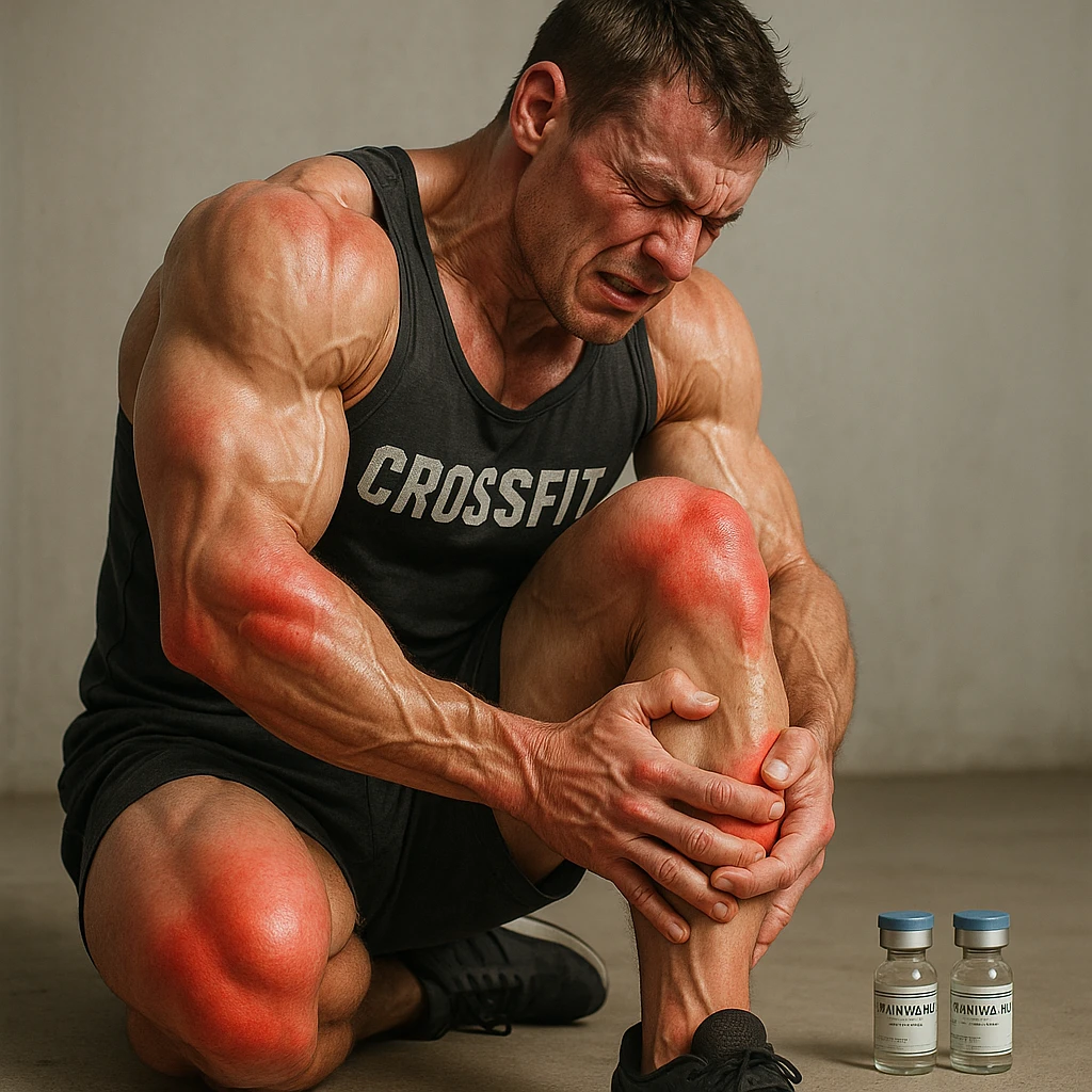 realistic and anatomical crossfit athlete with swollen and reddened joints, detailed muscles, painful posture, vials of 'Stanozololo' nearby, natural light, neutral background emoji