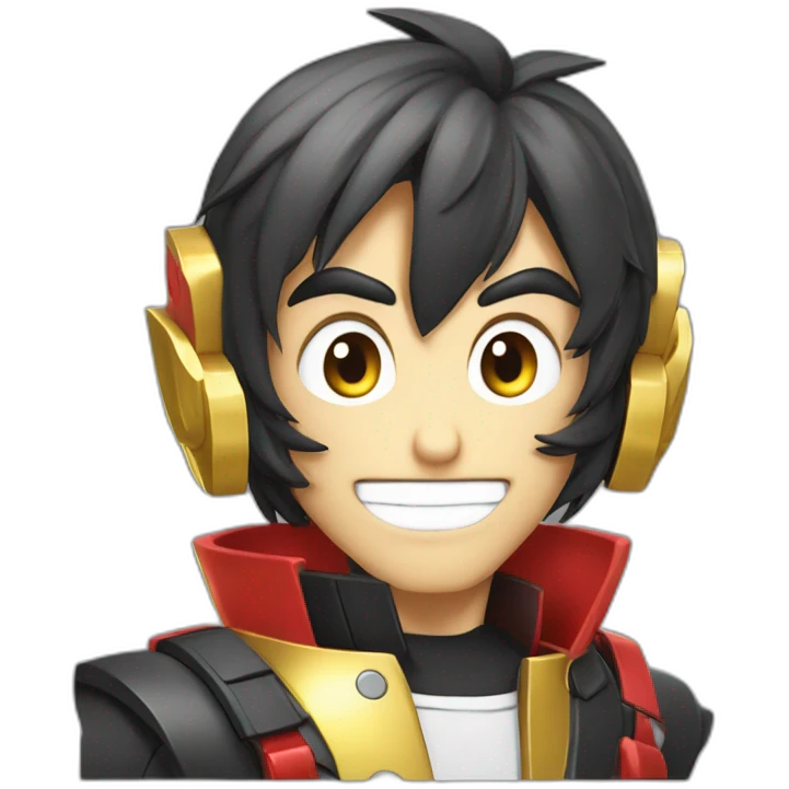 developer behind his laptop with this style :  goldorak manga anime with developer themed character emoji