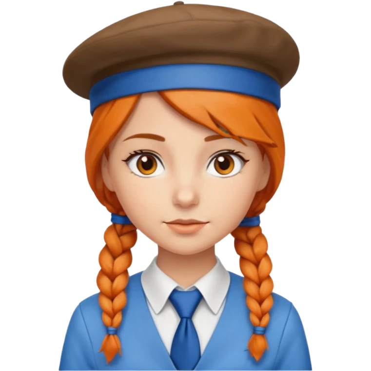 orange braided hair girl, wearing white shirt, Blue Necktie and a brown berret Hat emoji