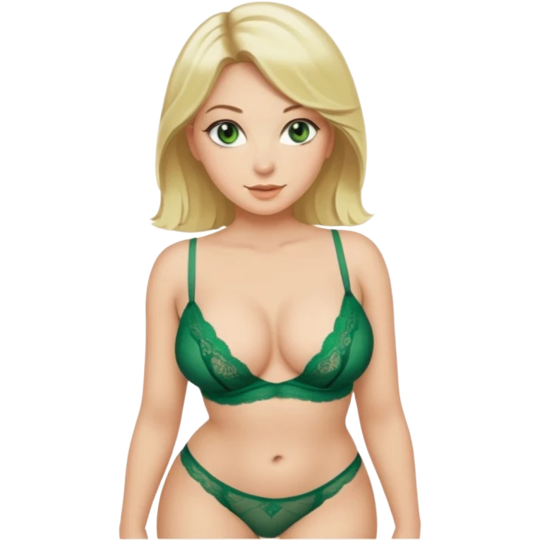 Blonde, green eyed woman with shoulder length hair. She is curvy with a big butt and small breast. She is wearing green lingerie  emoji