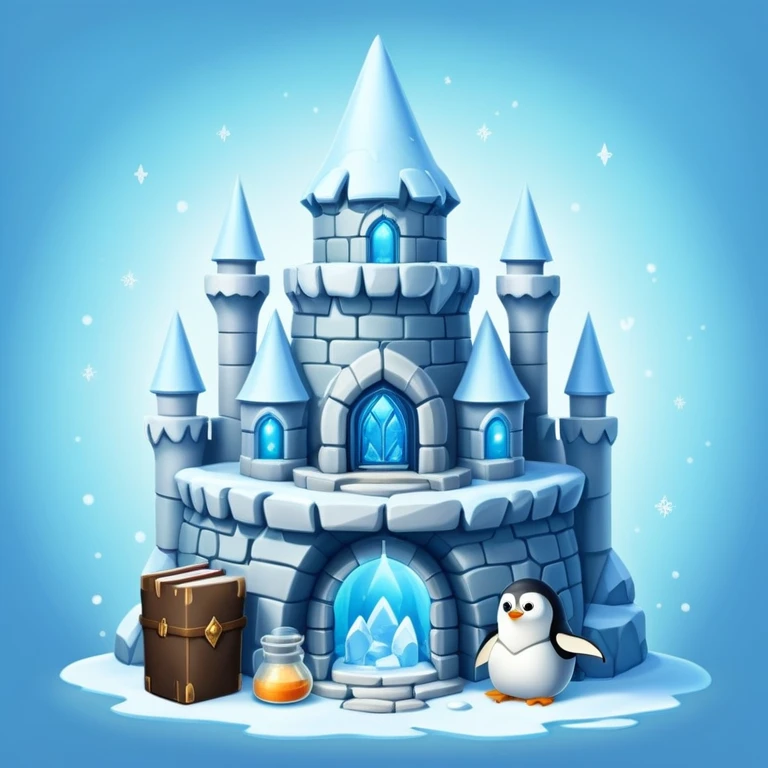 Ice castle wizard tower home for a penguin, magical igloo with spell books and potions emoji