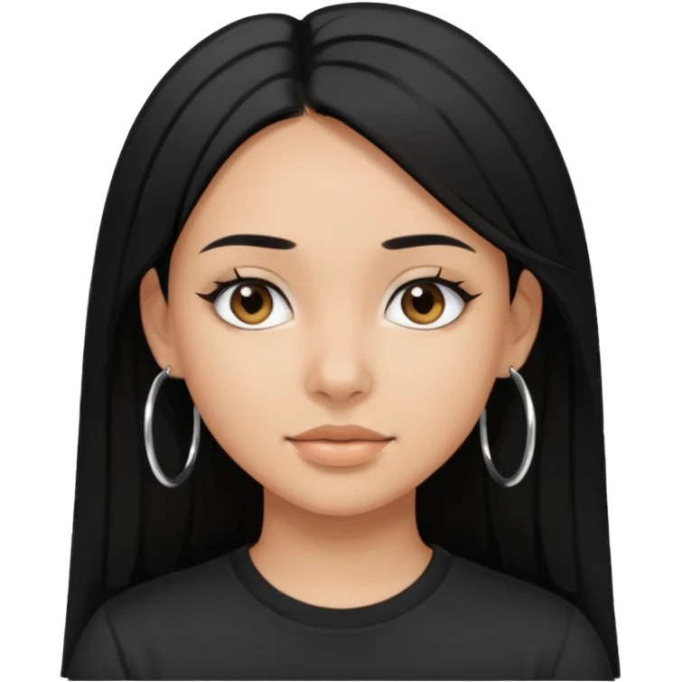 a pretty bratz girl with straight black hair wearing a black tshirt and silver hoops. tan girl emoji