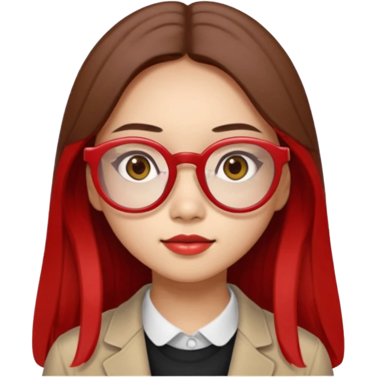 20 yr old asian woman, straight thick long brown hair, middle part, big red glasses, brown eyes emoji