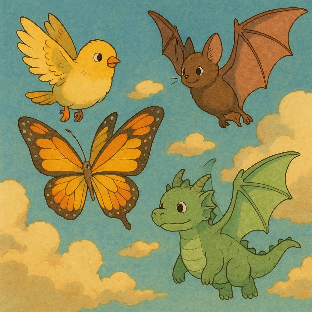 a whimsical collection of animals with wings including a bird, bat, butterfly, and dragon in ghibli style emoji