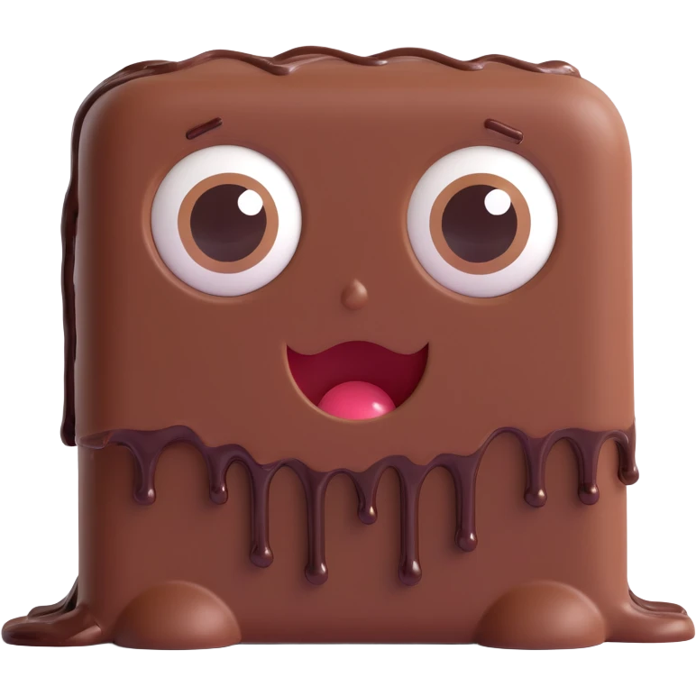 Rectangular chocolate mini pastry, slightly messy and squished, chocolate dripping, big round eyes, wide open mouth, playful surprised expression, text above: "ПАСТИЧКА", chibi style, Twitch emoji style, transparent background, colorful

 emoji
