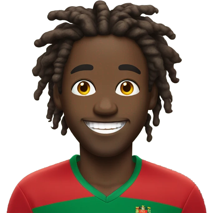  Young black man- 4 inch short black nappy messy dread locks-  low eyebrows - low eyes - no facial hair laughing Portugal jersey lean crazy smile  emoji