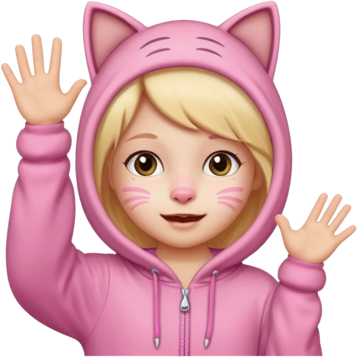 little Girl kid in pink cat onesie waving happily emoji