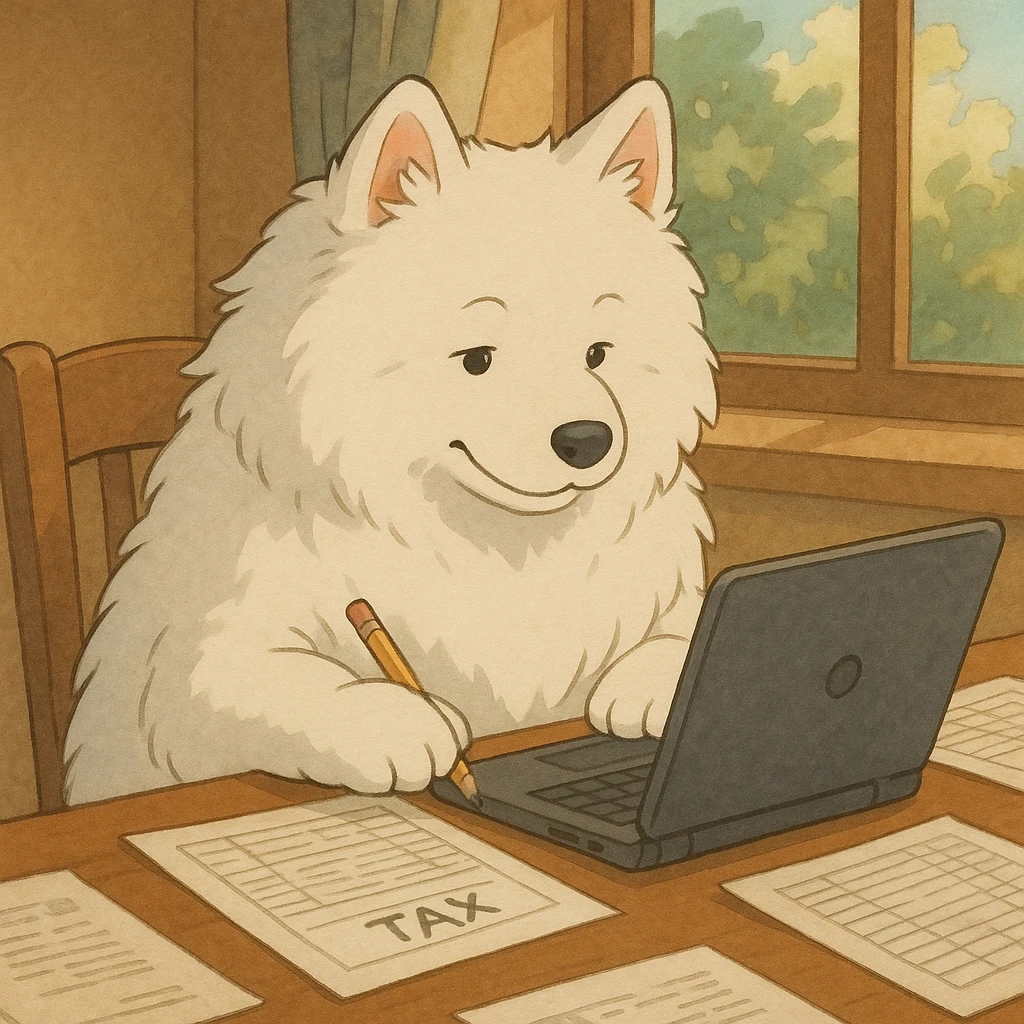 Samoyed doing taxes on a laptop emoji