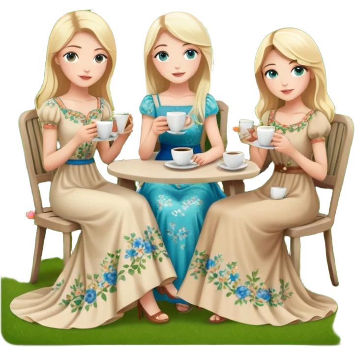 Turkish blonde girl beautiful finish Konya girl blue eyes with Beautiful beige green floral long tail dress and this two friends sit in a lovely garden on the chair on the ground and holds cup coffe with her hand  emoji