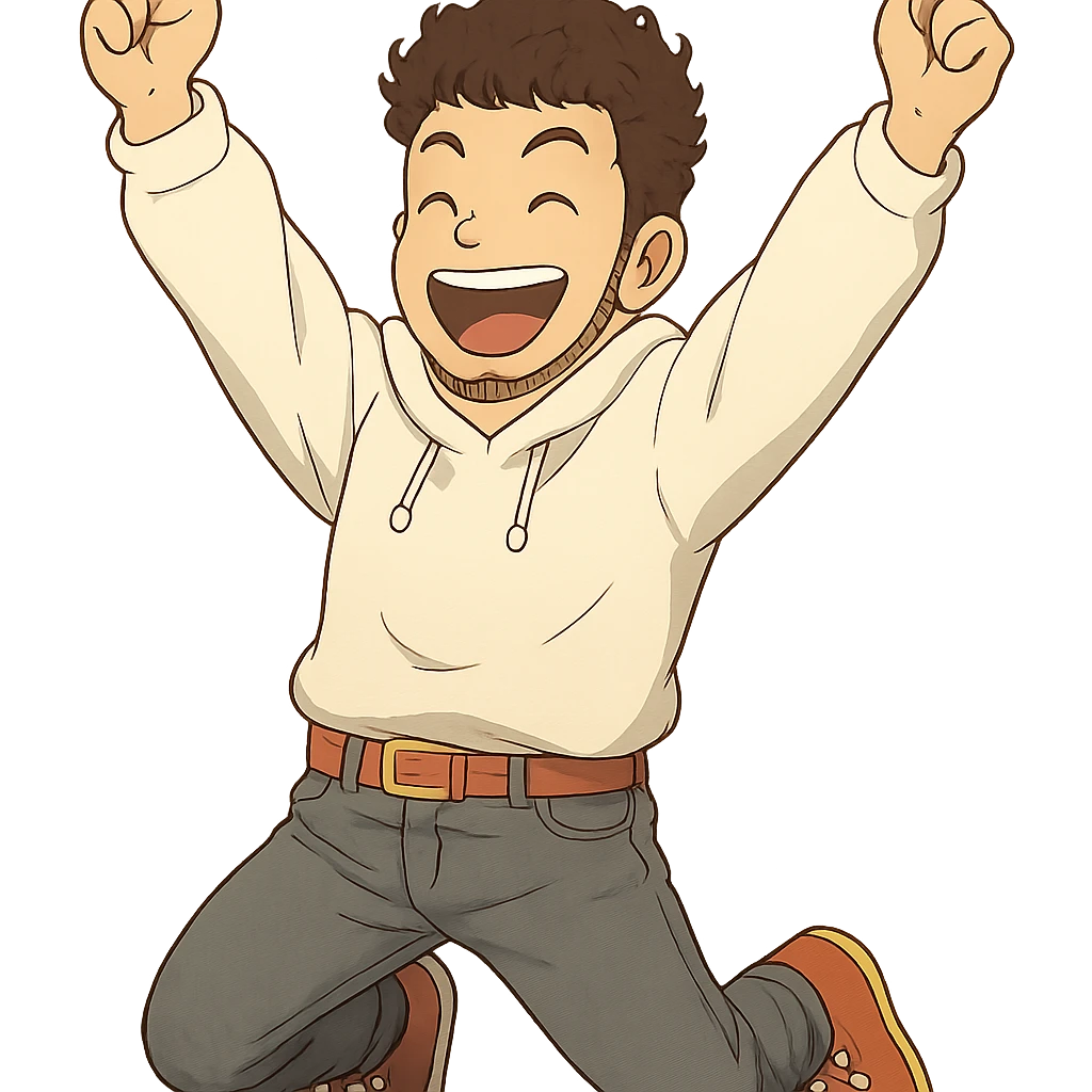 1 male, mid fade haircut dark chestnut brown curly hair, toasted lightskin, white hoodie sleeves up, gray fashion jeans, red fashion-sneakers shoes, red belt, short trimmed beard and goatee,  style of deku from "my hero academia",  doing a pose for a "happy" emote for twitch emoji
