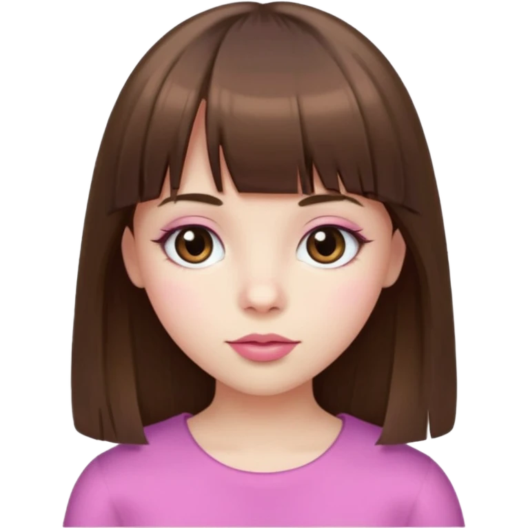 brown straight hair, bangs, big brown eyes, small nose, pale white skin, pink lips emoji