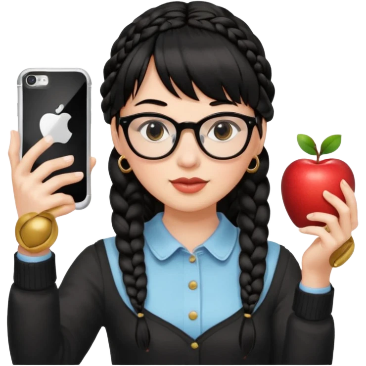 Black hair is braided to one side, braided to the left, and full bangs, wearing horn-rimmed glasses, holding an iPhone white color and taking a mirror selfie so that Apple logo comes out emoji