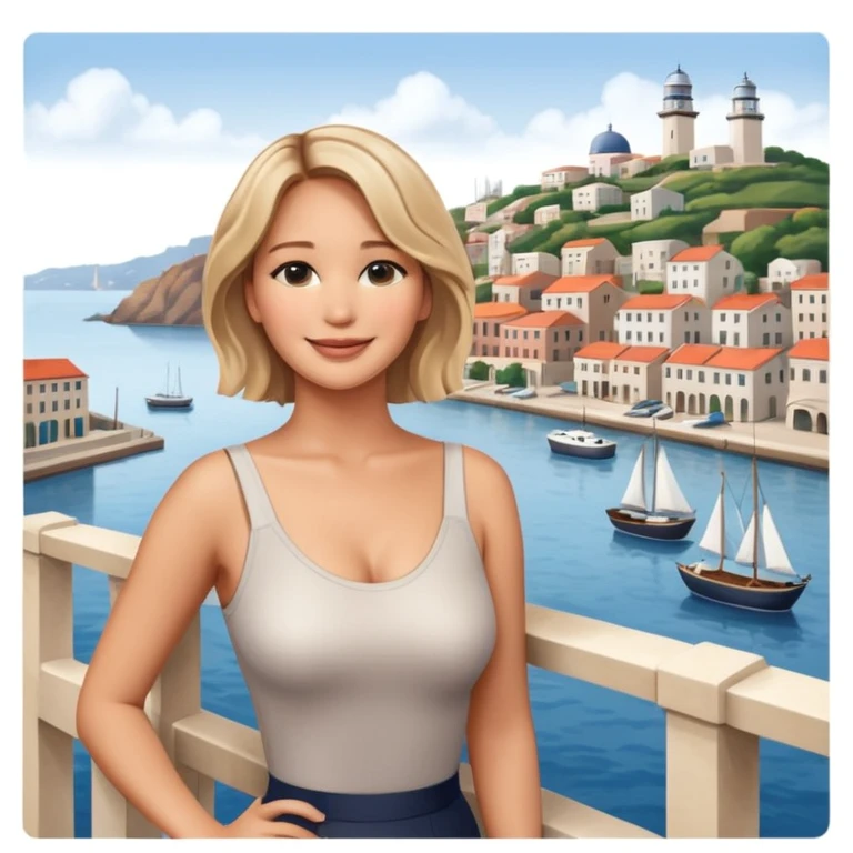 jennifer lawrence, leaning on a balcony with a harbor and cityscape in the background, smiling, closeup emoji