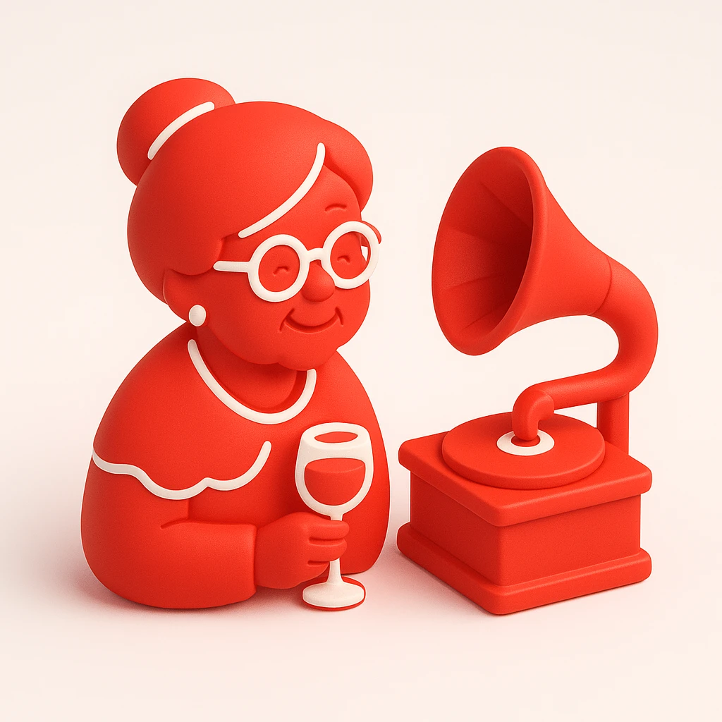 old lady with wineglass listening to gramophone emoji