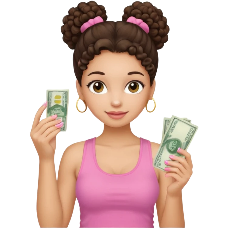 Uma menina com o cabelo cacheado com um Coque com baby hair morena, e com uma regata rosa com unha em gel,e com dinheiro na mão , emoji