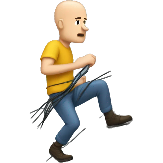 A white man with no hair climbing a mountain in a storm with internet cables in his hand emoji