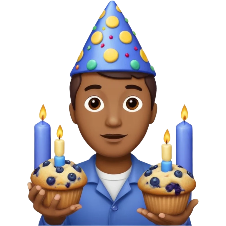 Blueberry Muffin celebrating birthday. Make sure it actually looks like a muffin with candles. Somebody holding it with party hat. Make it a man  emoji