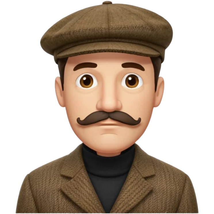 three quarter head profile huge mustache big sideburns sport coat black turtleneck tweed flat cap, squinting eyes trying to puzzle out emoji
