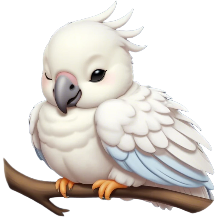 Meme-Worthy Cute Sleeping Cockatoo Portrait Emoji, Head resting peacefully with a contented smile, showcasing a softly feathered body with a gently drooping crest and eyes closed in serene slumber, Simplified yet adorably endearing features, highly detailed, glowing with a soft, drowsy tropical light, high shine, relaxed and utterly lovable, stylized with an air of playful laziness, soft glowing outline, capturing the essence of a sleeping cockatoo that feels destined to become the next viral icon of adorable rest! emoji