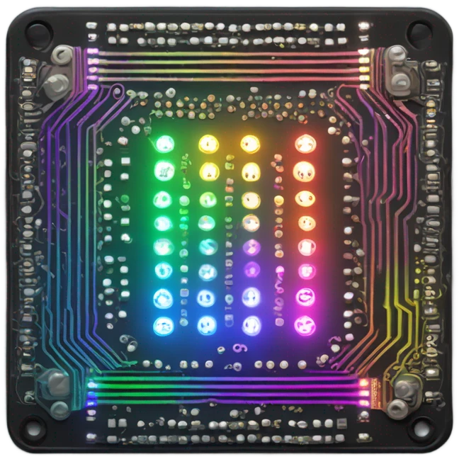 circuit board with rainbow lights, microchip, glowing lights, rgb, black circuit board emoji