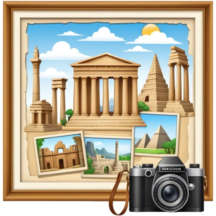 Icon for Historical and Cultural Tourism: iconic landmarks like ancient ruins, a museum and a historical monument, with a travel guidebook and camera. The icon should capture the exploration of history and culture. Transparent background. emoji