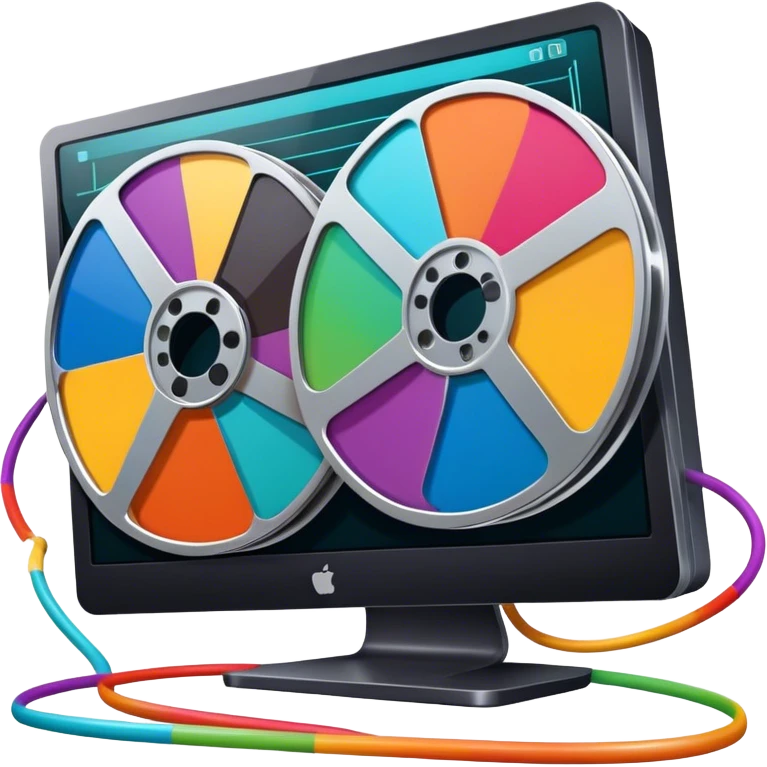 Create a vibrant and modern icon representing Animation and Motion Design, featuring elements like a film reel, a computer screen, and dynamic motion lines. The design should be visually engaging, colorful, and dynamic, without any emojis. The background must be transparent. emoji