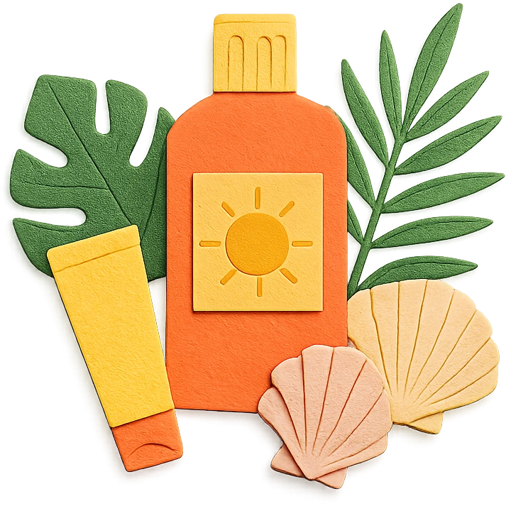 group of sunscreen bottles, shells, and tropical leaves, layered paper effect, paper-craft style emoji