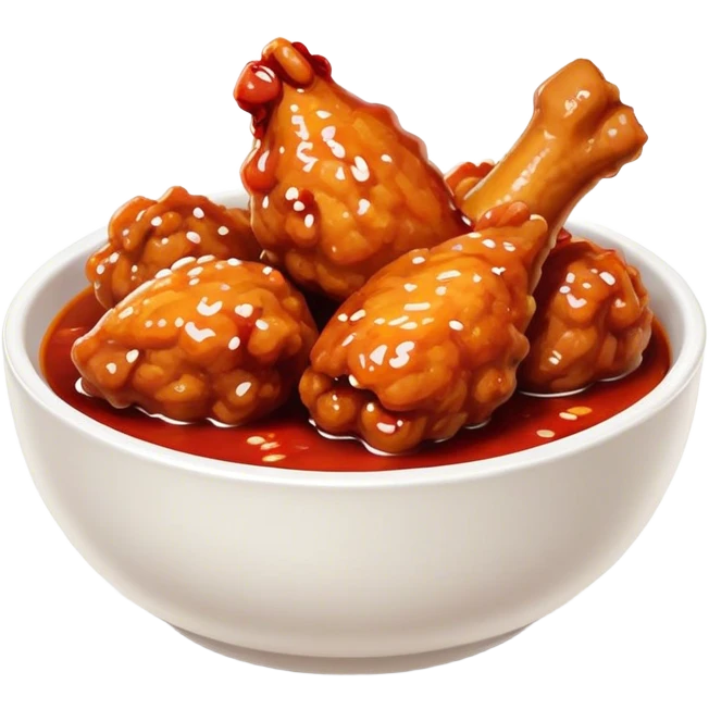 Korean Fried Chicken Cinematic Realistic Korean Fried Chicken Dish Emoji, depicted as bite-sized chicken chunks generously coated in a glossy, spicy sauce, in a bowl. emoji