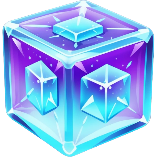 glowing ice crystal cube, icy neon cyan highlights, purple neon accents, dark background, digital tech style. emoji