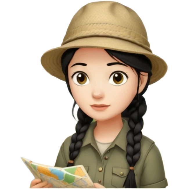 A braid black hair backpacking woman checking her map with curious eyes while wandering in the woods with camping hat emoji