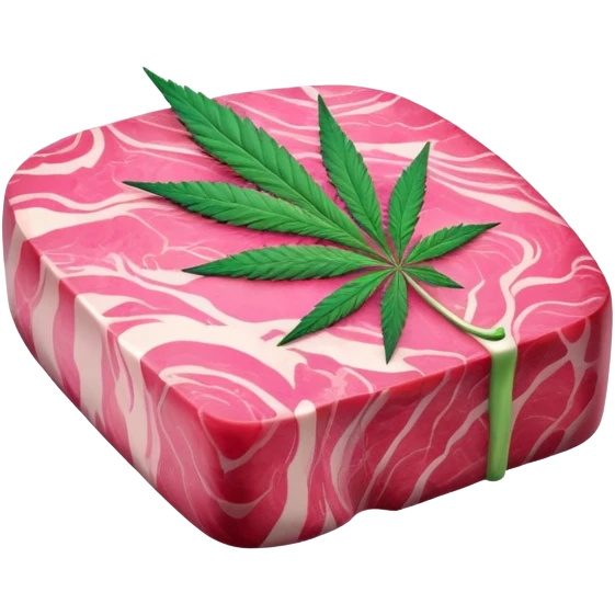 Pink marbled wagyu beef steak with cannabis leaf garnish emoji