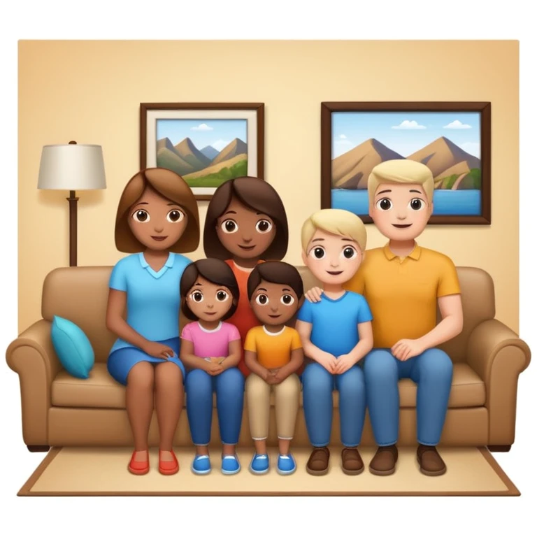 family posing for photo, living room background emoji