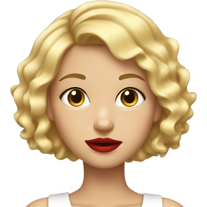 blond girl with a short bob, lose curly putting on red lipstick emoji