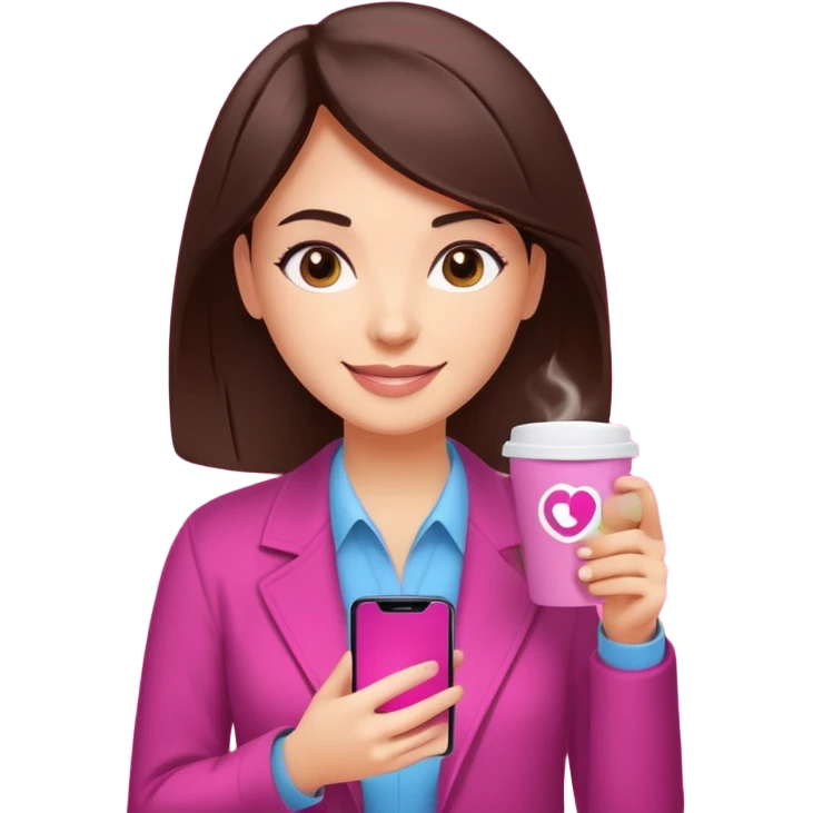 Social media manager. She has dark brown hair, brown eyes, a friendly smile. She is holding a smartphone and a coffee cup. Include subtle marketing elements like small icons of hashtags or a speech bubble, instagram logo. Use vibrant colors with a focus on pink and fuchsia tones. emoji