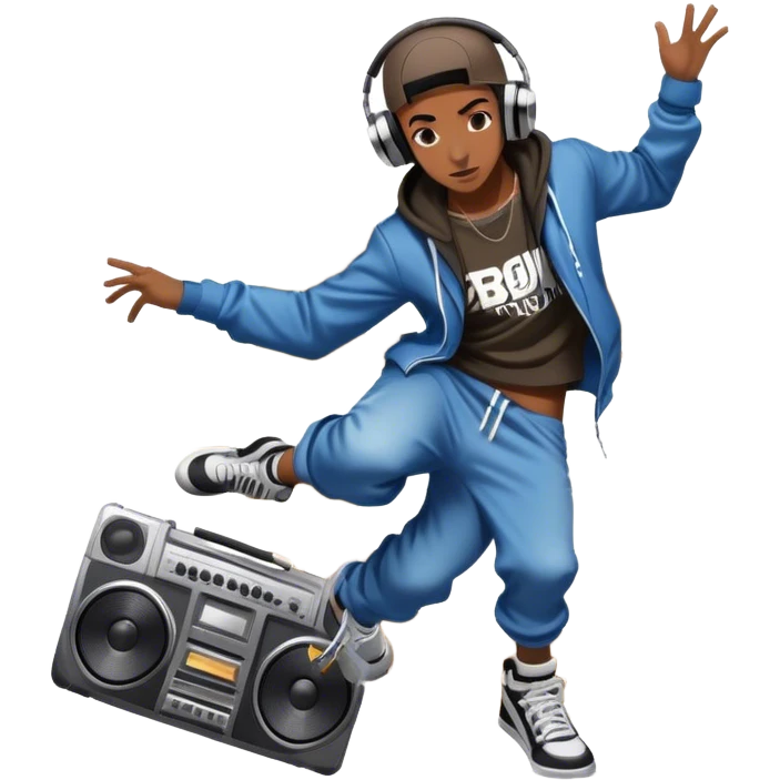 Icon for Street Dance: a dancer in urban streetwear performing a dynamic lower breakdance move, with a spray-painted background, headphones, and a boombox on the asphalt. The icon should capture the energy, style, and creativity of street dance culture. Transparent background. emoji