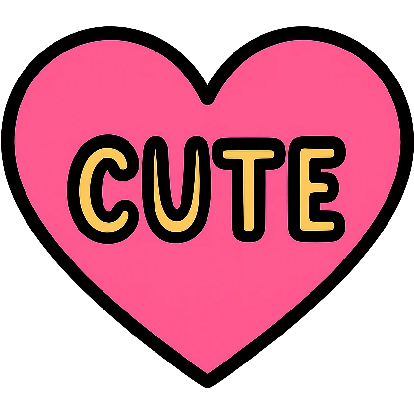 pink heart with the word CUTE in handwritten text, color outline icon style emoji