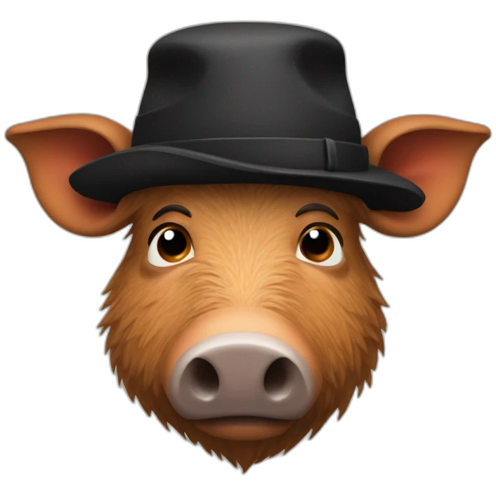 Sad brown stubble boar with tusks in black winter hat emoji