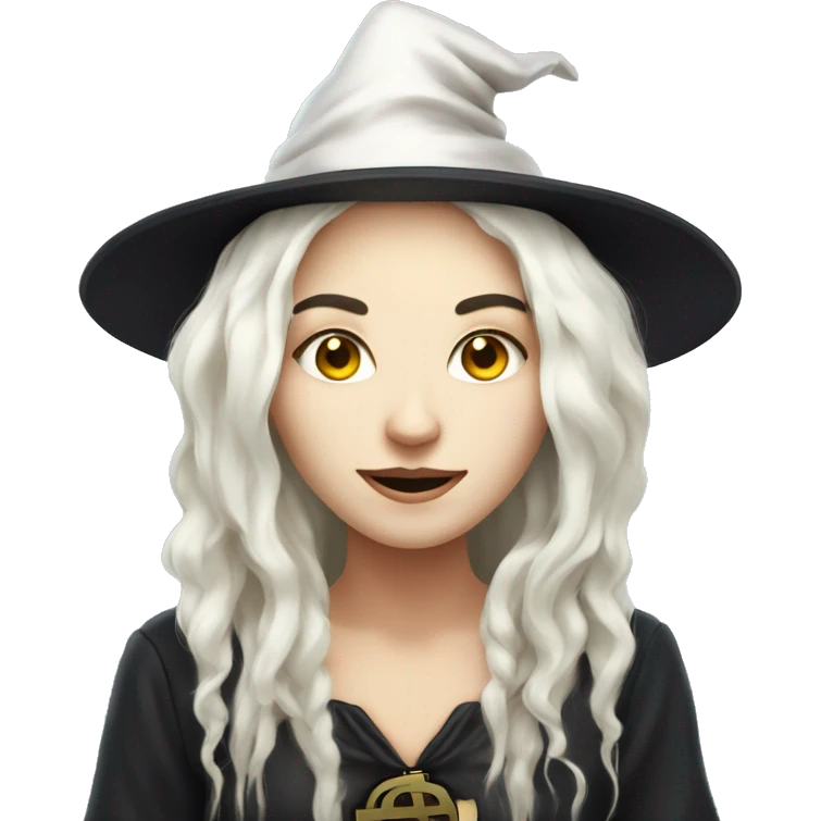 Face witch with bitcoin, cute, white skin, white long hair emoji