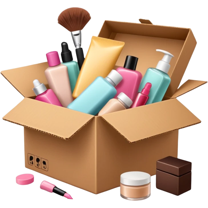 a cardboard box with assorted beauty products like compact, lotion, and nail polish spilling out with a purple background emoji