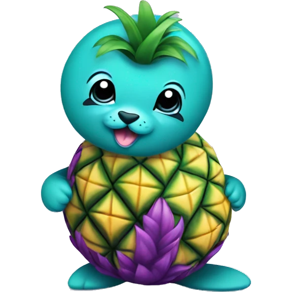 teal-colored seal holding a purple-colored pineapple emoji