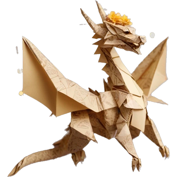 Sparkling patterned Beige Origami dragon with a dried flower crown made of newspapers intricate patterns surrounded by fairy lights emoji
