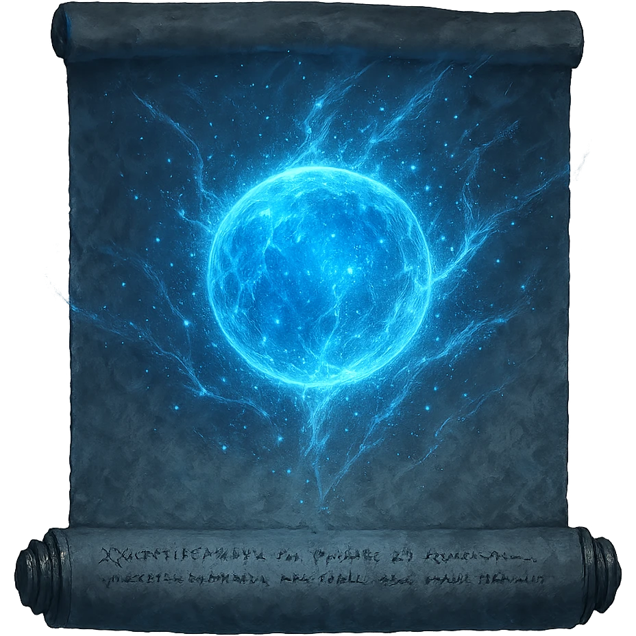 Place a glowing ice magic globe centered on the blank sorcery scroll, inspired by Elden Ring glintstone sorcery icons. The globe should radiate icy blue magical energy, frosty sparkles, and ethereal effects, blending with the scroll as if it were a spell illustration. Transparent background, 1080 x 1080. emoji