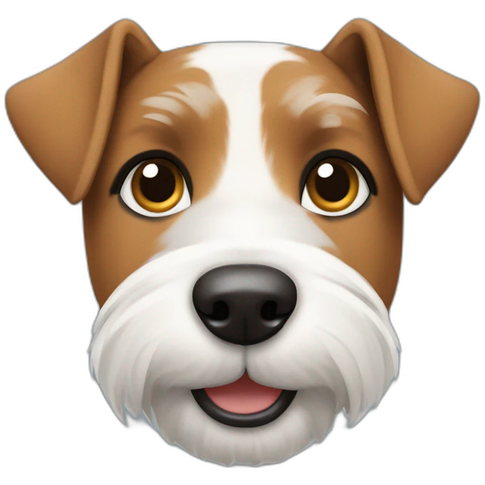 perro parecido a foxterrier con barbita, UN OJO CELESTE Y OTRO MARRON, SOLO blanco y gris, ladrador emoji