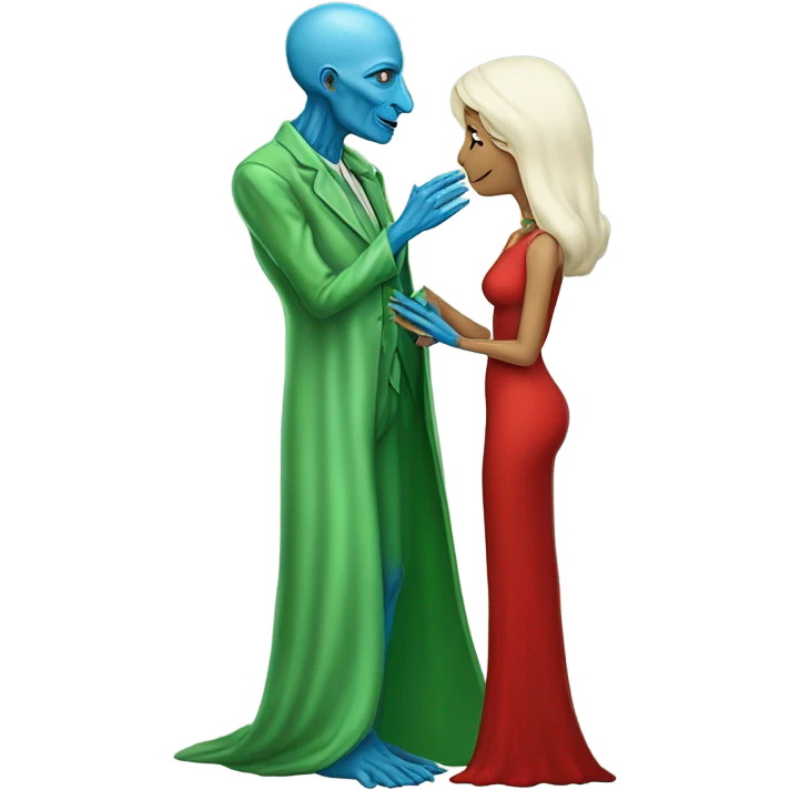 Beatiful tall blue skin woman extraterrestial reptilian 47 years old in red dress, kissing white man in green dress, full figure, full body emoji