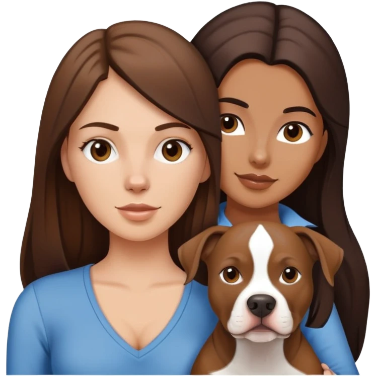 White girl with dark brown long hair with her pitbull dog brown and white emoji